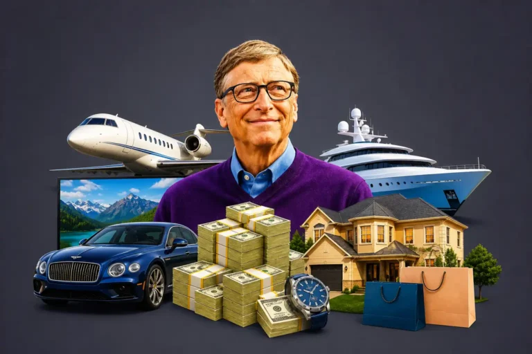 Spend Bill Gates money online interactive simulator showing luxury items like private jet yacht car house and cash in a realistic collage style photos of bill gates.