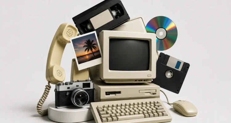 Retro collage of old internet devices and nostalgic technology representing forgotten websites from the early internet era
