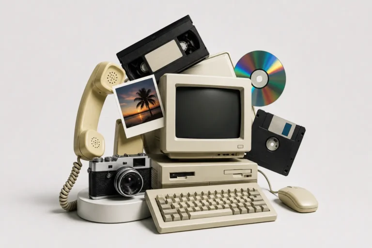 Retro collage of old internet devices and nostalgic technology representing forgotten websites from the early internet era