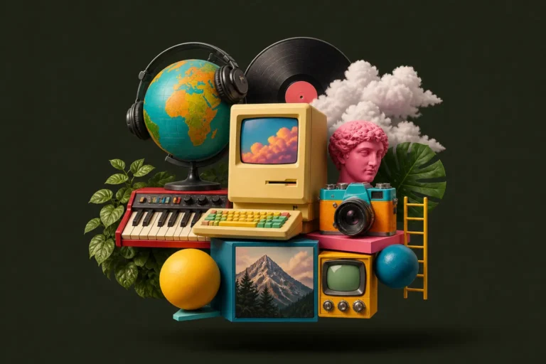 retro collage style immersive interactive websites concept image that makes you lose track of time with colorful 3d objects