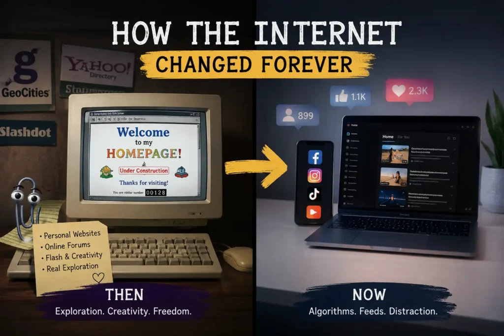 Old internet vs modern internet comparison showing early personal websites and today’s social media-driven web