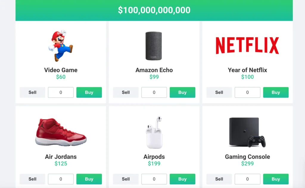 a digital interface of the spend bill gates money game showing various luxury items and a decreasing multi billion dollar bank balance websites.