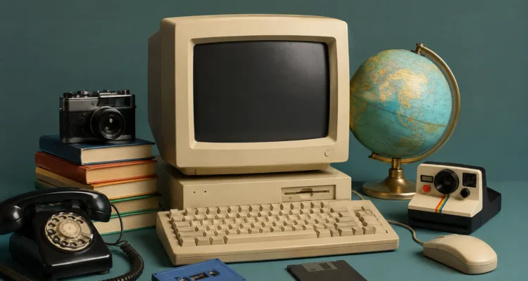 A vintage computer, a globe, an old-fashioned phone, and several books displayed together on a desk. webring explained in simple words