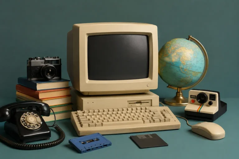 A vintage computer, a globe, an old-fashioned phone, and several books displayed together on a desk. webring explained in simple words