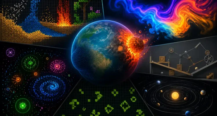 Featured illustration of browser-based physics simulations including particle systems, fluid dynamics, orbital mechanics, and interactive physics experiments.