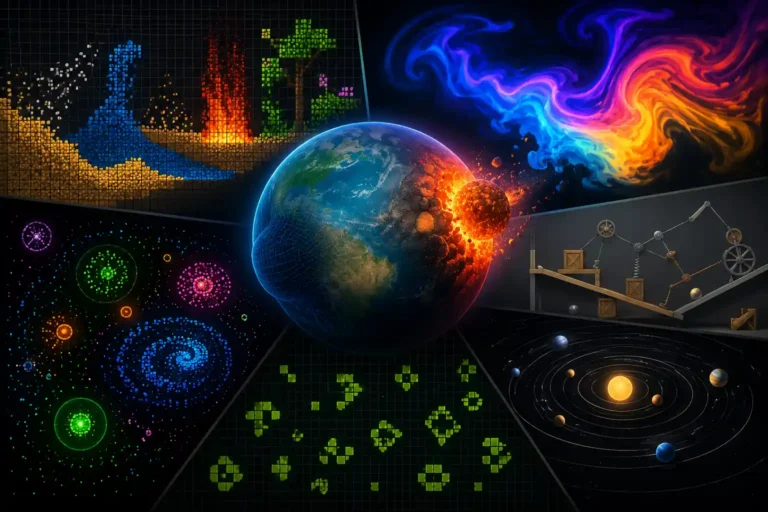 Featured illustration of browser-based physics simulations including particle systems, fluid dynamics, orbital mechanics, and interactive physics experiments.