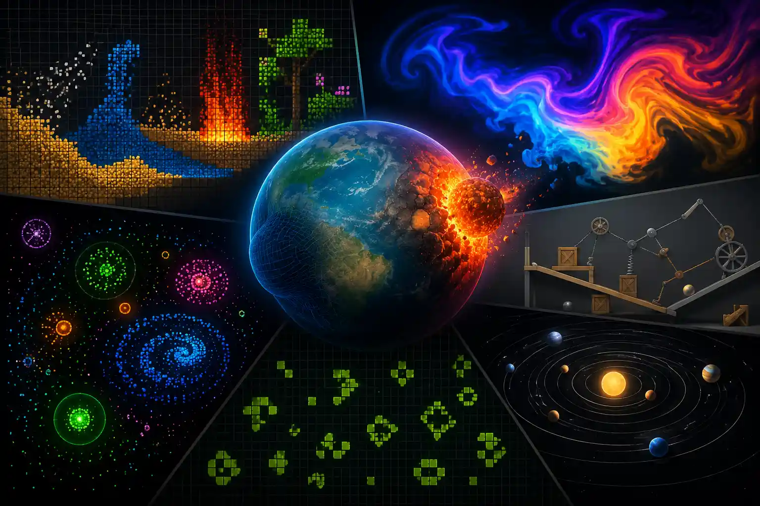 Featured illustration of browser-based physics simulations including particle systems, fluid dynamics, orbital mechanics, and interactive physics experiments.