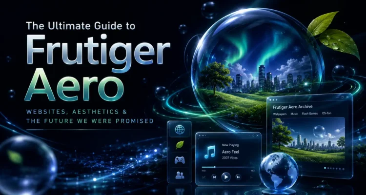 Collage of Frutiger Aero websites featuring glossy user interfaces, transparent glass effects, nature imagery, bubbles, water reflections, and classic 2000s internet aesthetics