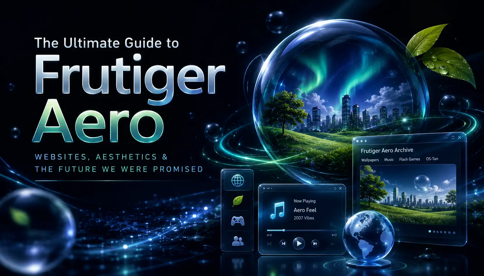Collage of Frutiger Aero websites featuring glossy user interfaces, transparent glass effects, nature imagery, bubbles, water reflections, and classic 2000s internet aesthetics