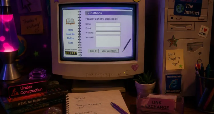 Internet guestbook displayed on a retro computer surrounded by classic GeoCities-era web elements and early internet memories