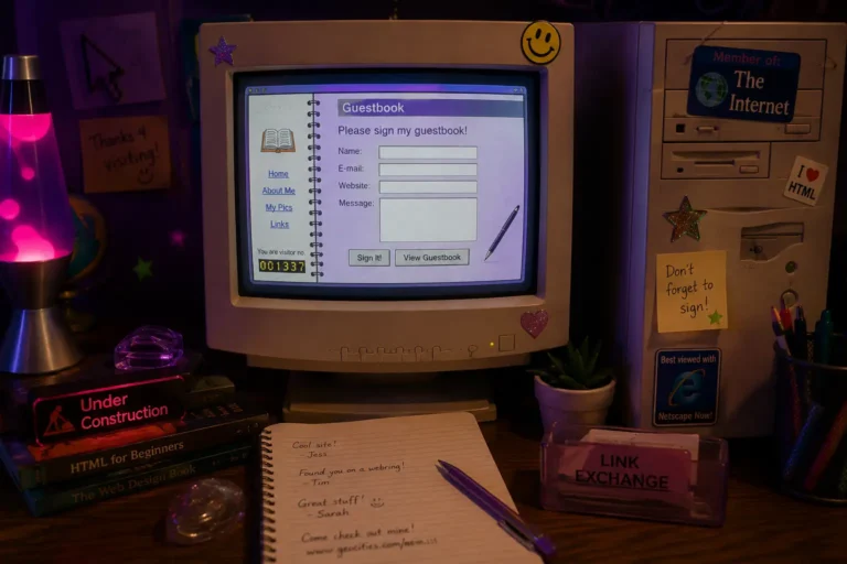 Internet guestbook displayed on a retro computer surrounded by classic GeoCities-era web elements and early internet memories