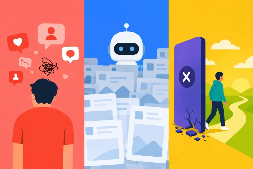 Minimal illustration representing the Indie Web Revival, showing algorithm fatigue, AI content overload, and the move toward independent personal websites and the small web.
