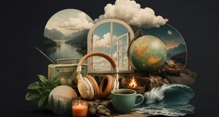 A glowing browser tab showing the best ambient websites to leave open in the background, including myNoise, Radio Garden and Rainy Mood