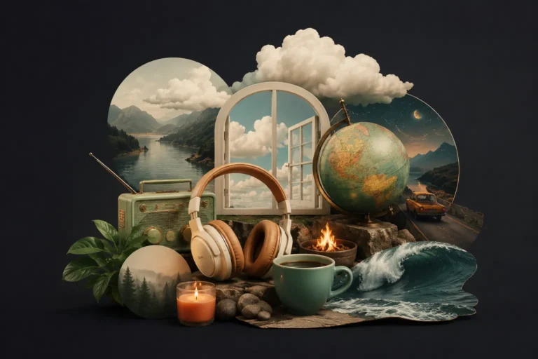 A glowing browser tab showing the best ambient websites to leave open in the background, including myNoise, Radio Garden and Rainy Mood