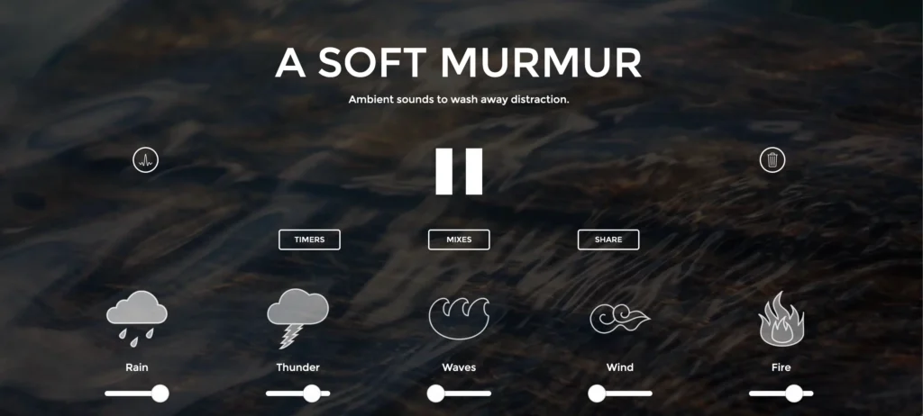 A Soft Murmur ambient sound mixer website with customizable rain, thunder, waves, and nature sounds