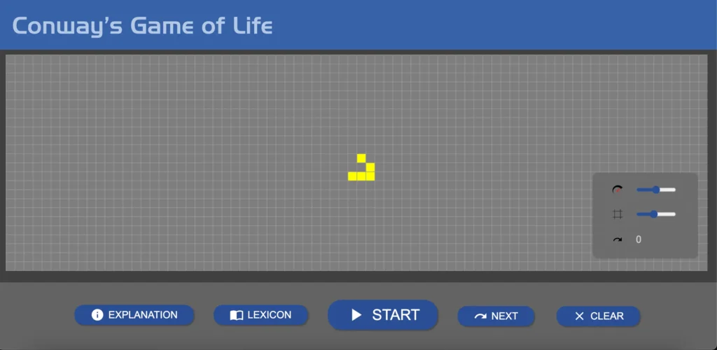 Conway's Game of Life simulation with evolving cells creating emergent patterns in the browser.