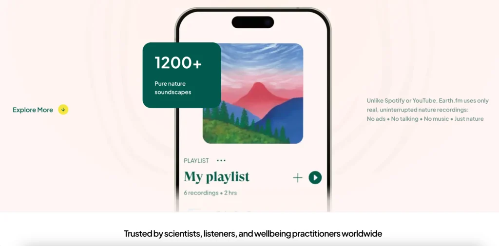 Earth.fm nature soundscape website featuring real environmental recordings from forests, oceans, and natural locations worldwide