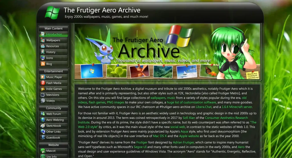 Frutiger Aero Archive homepage featuring glossy interface elements, nature inspired visuals, wallpapers, music player, and classic 2000s internet design