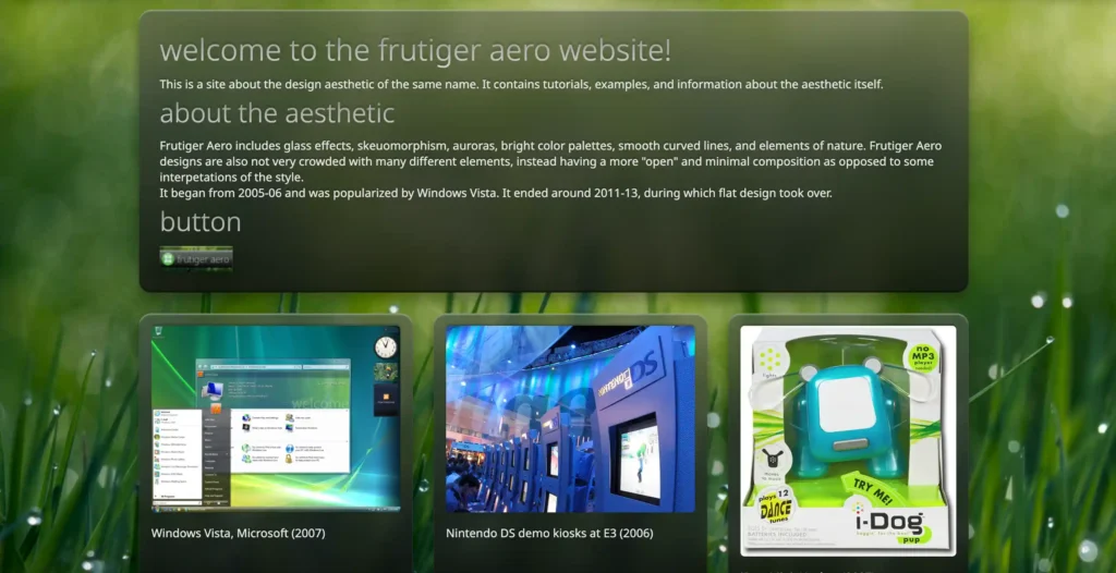 Frutiger Aero Neocities website showcasing retro internet design, glossy interface elements, and classic Frutiger Aero aesthetics