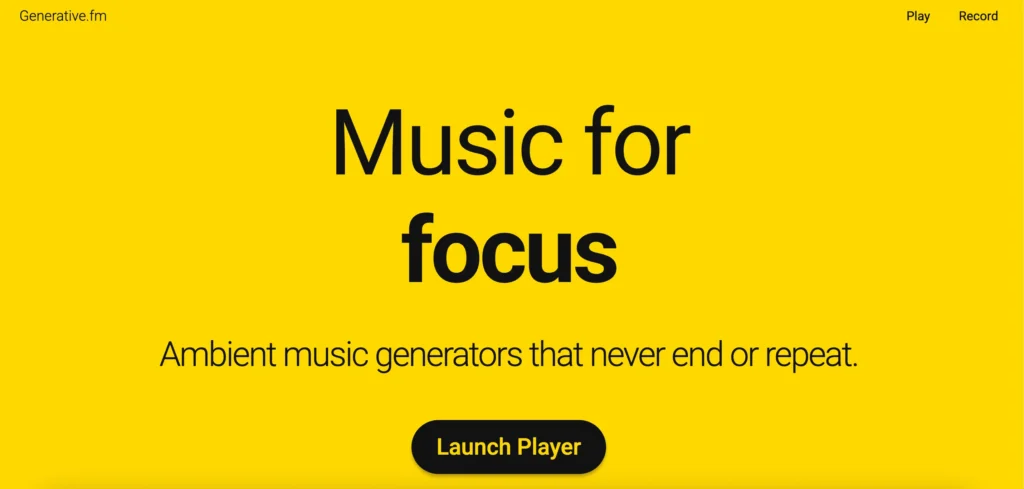 Generative.fm ambient music website that creates endless algorithmic soundscapes with non-repeating audio compositions