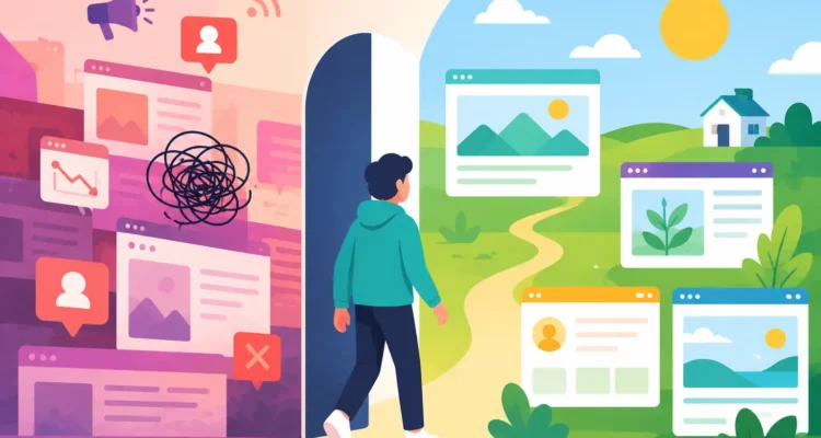 Minimal illustration representing the indie web revival, showing a creator leaving algorithm-driven platforms for independent personal websites and the small web.