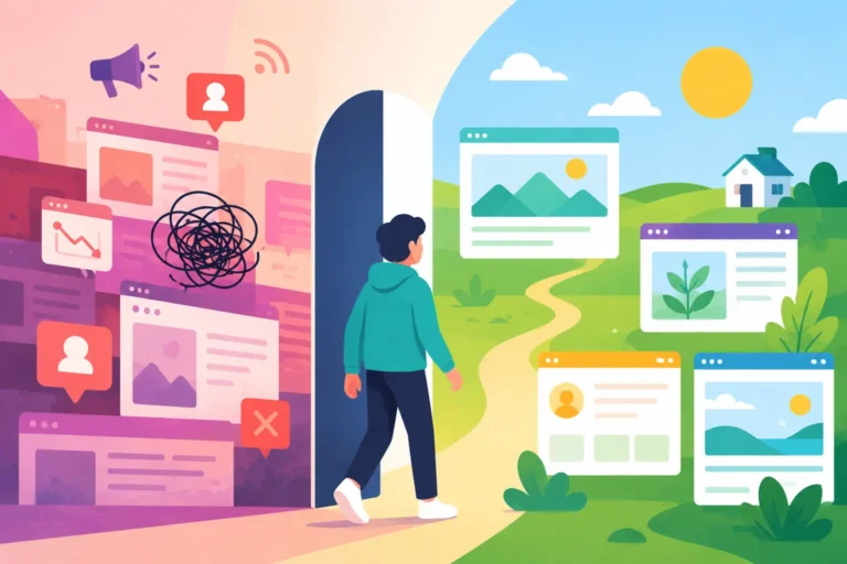 Minimal illustration representing the indie web revival, showing a creator leaving algorithm-driven platforms for independent personal websites and the small web.