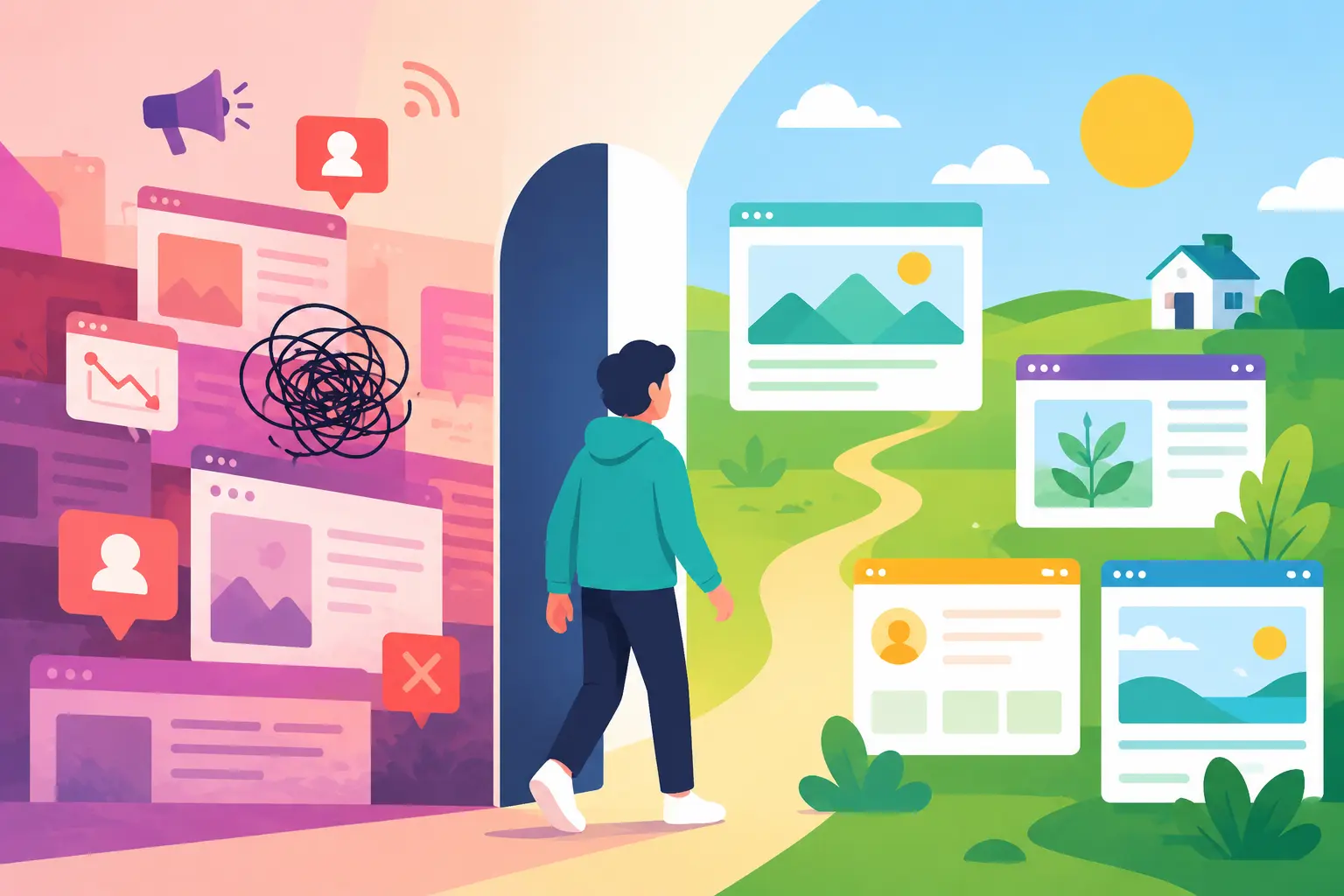 Minimal illustration representing the indie web revival, showing a creator leaving algorithm-driven platforms for independent personal websites and the small web.