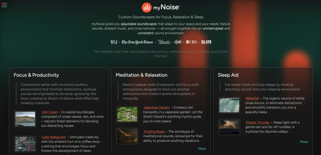 myNoise website featuring ambient background sounds and soundscapes for concentration and relaxation