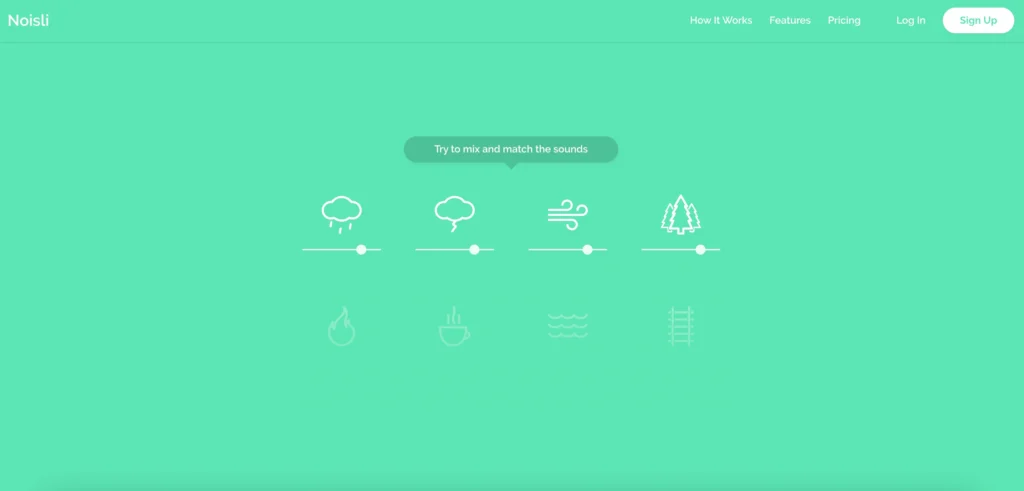 Noisli ambient sound website with customizable background noises, focus tools, and productivity-enhancing soundscapes