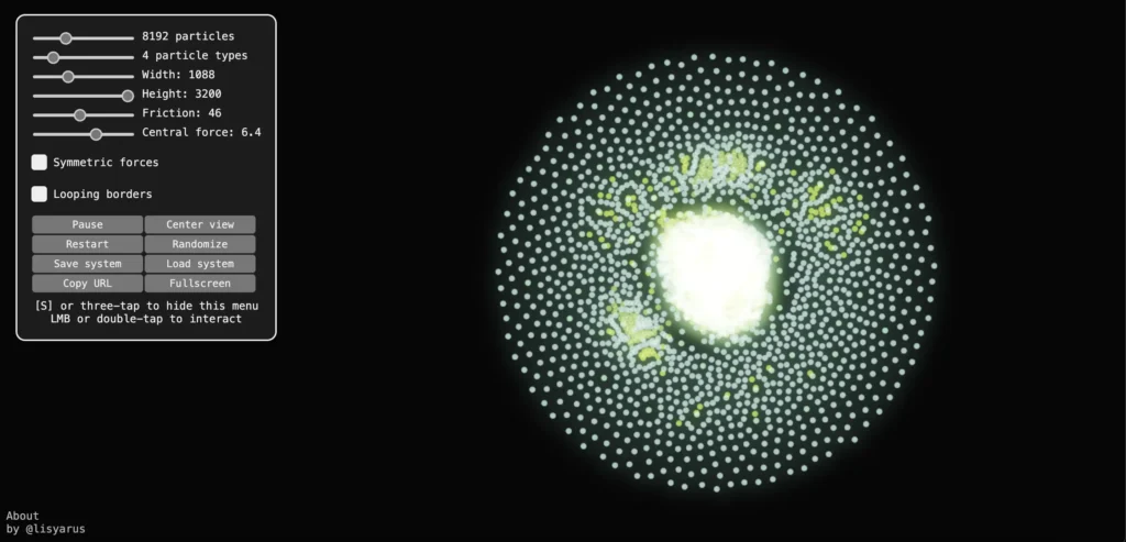Interactive particle life simulation with moving cells forming emergent patterns in a browser physics website