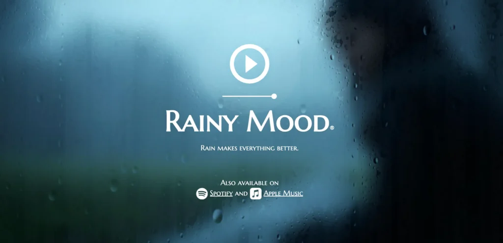 Rainy Mood ambient rain sound website featuring continuous rainfall audio for relaxation, focus, and background listening