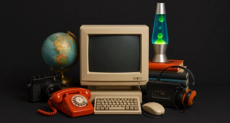 Retro collage featuring a vintage CRT computer, rotary phone, globe, camera, lava lamp, books, cassette player, and headphones on a dark background