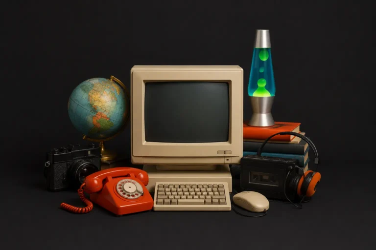 Retro collage featuring a vintage CRT computer, rotary phone, globe, camera, lava lamp, books, cassette player, and headphones on a dark background