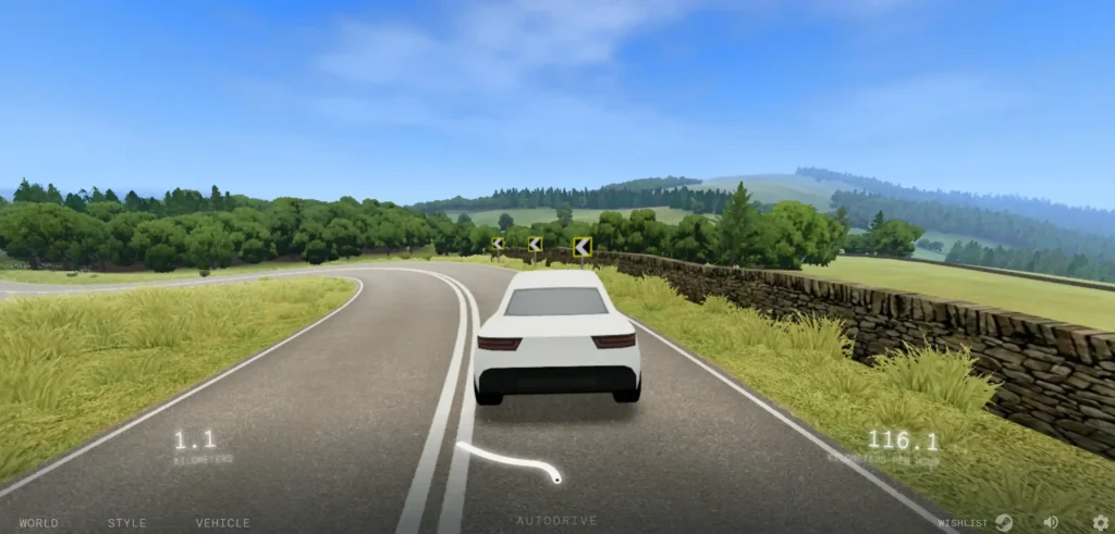 Slow Roads generative driving website featuring endless procedurally generated landscapes and relaxing browser-based journeys