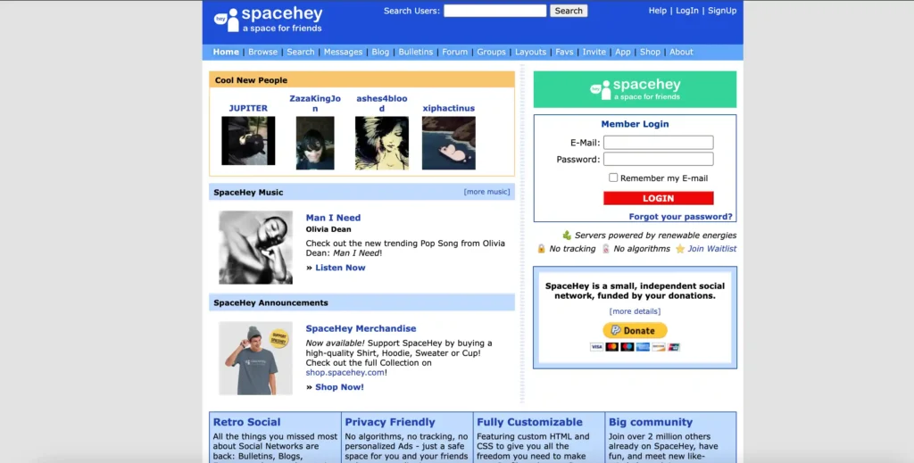 SpaceHey retro social network with customizable profiles and nostalgic early internet design