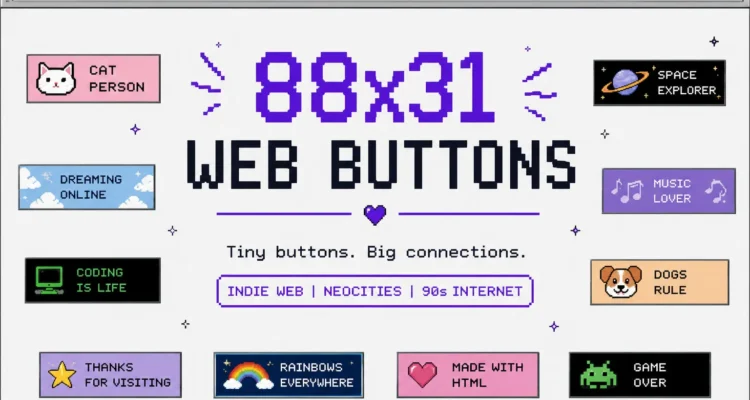 Retro illustration of 88x31 web buttons featuring pixel art examples inspired by GeoCities, Neocities, and the early internet.