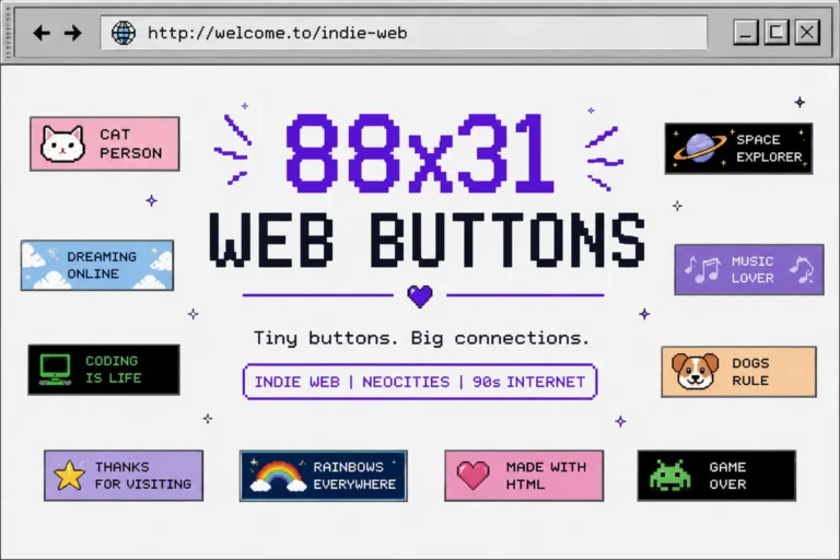 Retro illustration of 88x31 web buttons featuring pixel art examples inspired by GeoCities, Neocities, and the early internet.