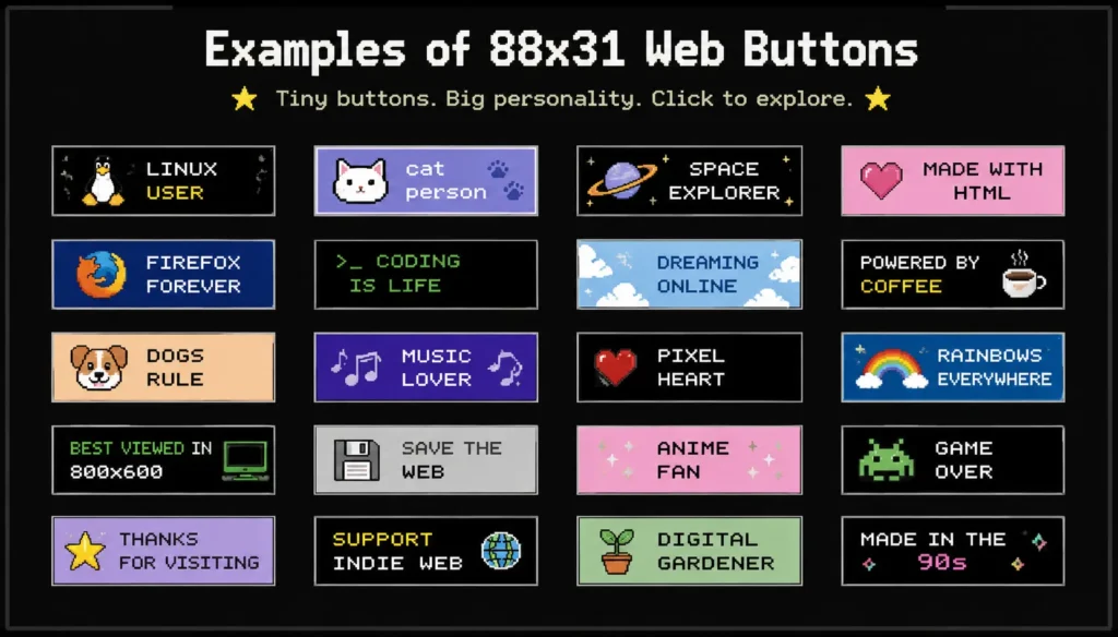 88x31 Web Buttons: The Tiny Icons That Connected the Early Internet 288x31 Web Buttons: The Tiny Icons That Connected the Early Internet interactive website example Examples of 88x31 web buttons featuring retro pixel art badges used on personal websites, GeoCities pages, and the modern Indie Web.