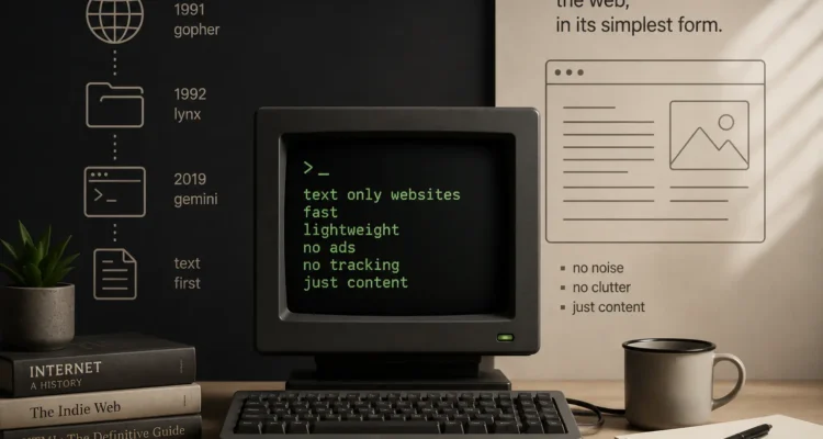 Illustration of text only websites displayed on a retro computer terminal, representing the history and simplicity of the text-first web.