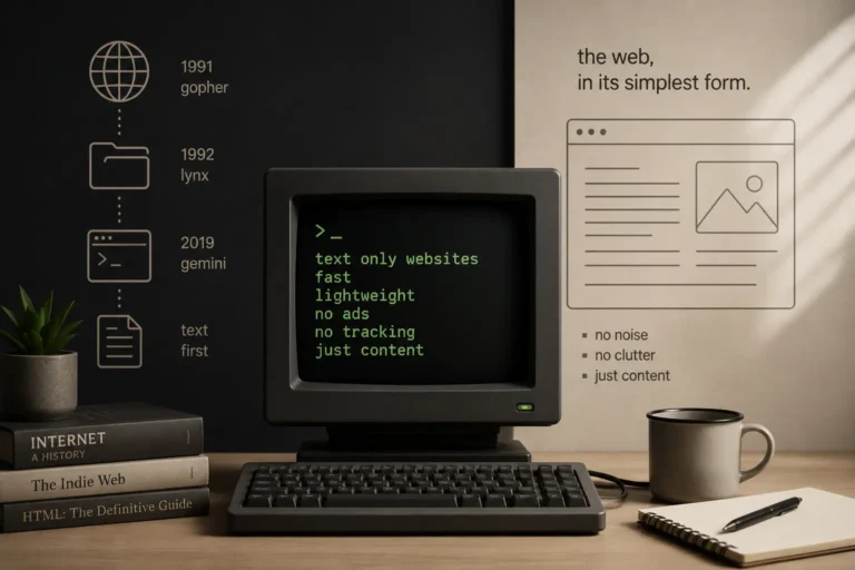 Illustration of text only websites displayed on a retro computer terminal, representing the history and simplicity of the text-first web.