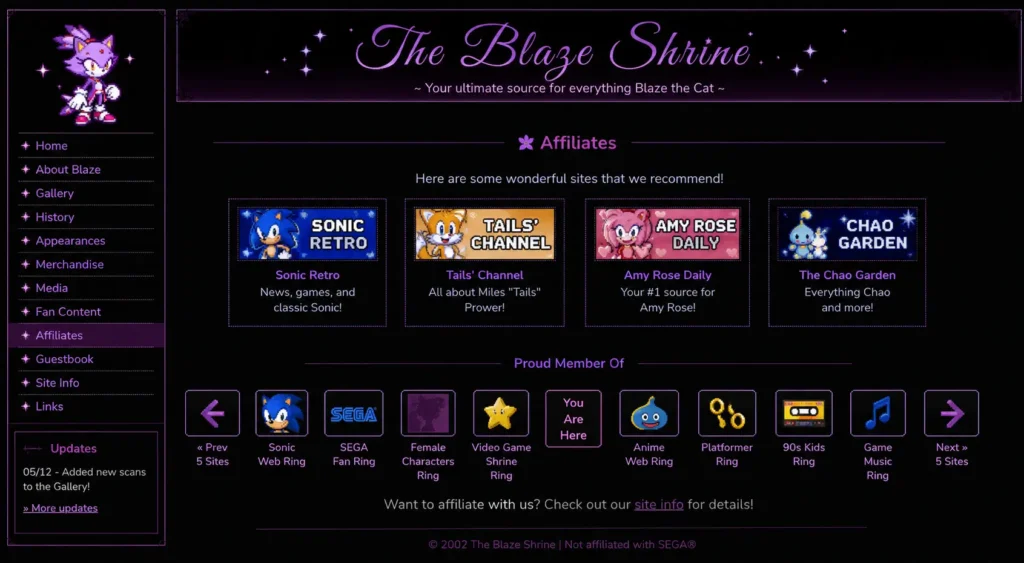 Fan Shrines: What They Are, How They’re Built, and Where to Find Them Today 3Fan Shrines: What They Are, How They’re Built, and Where to Find Them Today interactive website example fan shrine affiliates page with webring badges linking personal websites