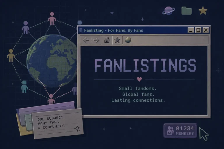 Illustration of a retro fanlisting website showing a global community of fans connected through a nostalgic early web interface.