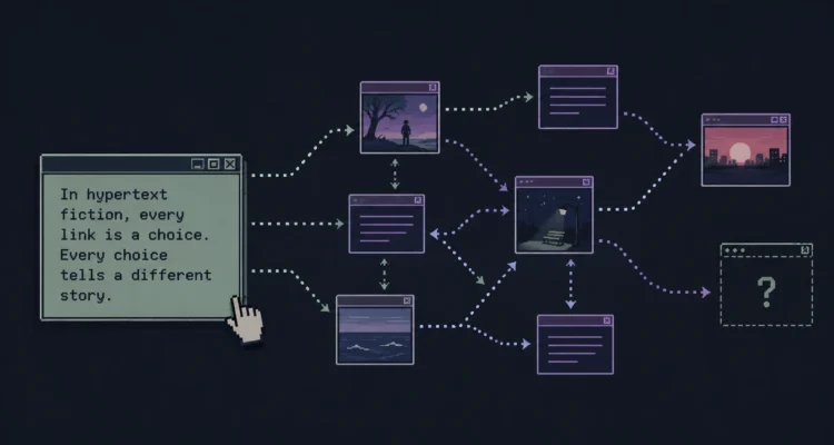 Illustration of Hypertext Fiction showing connected story nodes and branching paths that represent nonlinear digital storytelling through linked text.