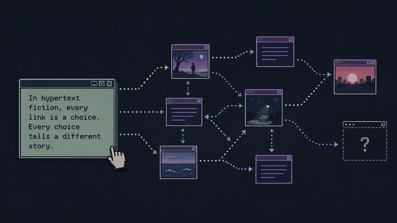 Illustration of Hypertext Fiction showing connected story nodes and branching paths that represent nonlinear digital storytelling through linked text.