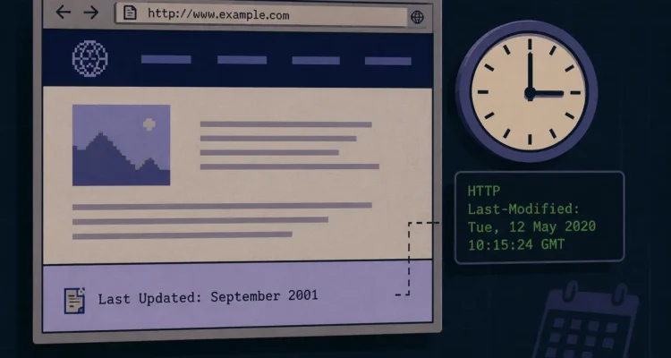 Last modified website illustration showing a retro webpage with a Last Updated footer and HTTP Last-Modified header.