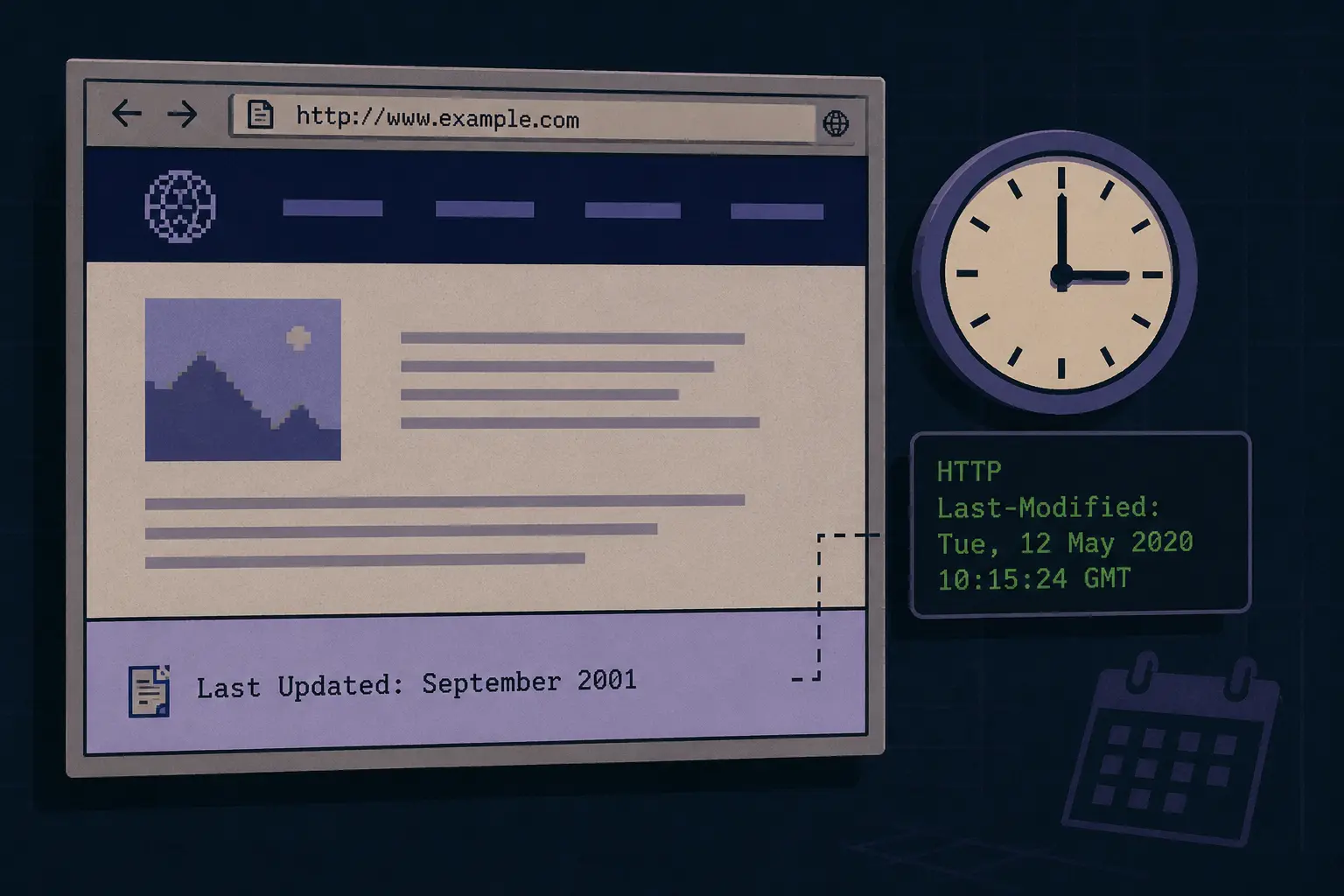 Last modified website illustration showing a retro webpage with a Last Updated footer and HTTP Last-Modified header.