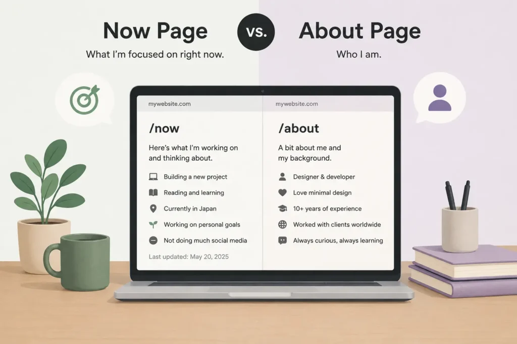 What Are Now Pages Websites? The History, Structure, and Best Examples 2What Are Now Pages Websites? The History, Structure, and Best Examples interactive website example now pages compared with an about page on a personal website showing the difference between current updates and personal background