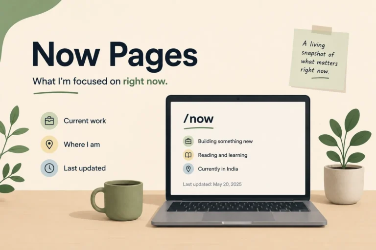 now pages example on a personal website showing current work and recent updates
