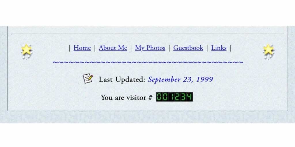 Retro personal website footer showing a manual "Last Updated: September 22, 2000" date with navigation links and a visitor counter.