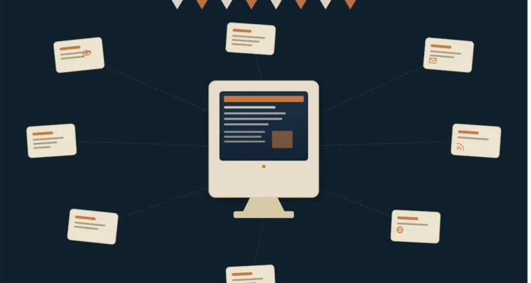 Minimal illustration of a blog carnival showing a vintage computer connected to multiple blog posts representing collaborative blogging and link sharing.